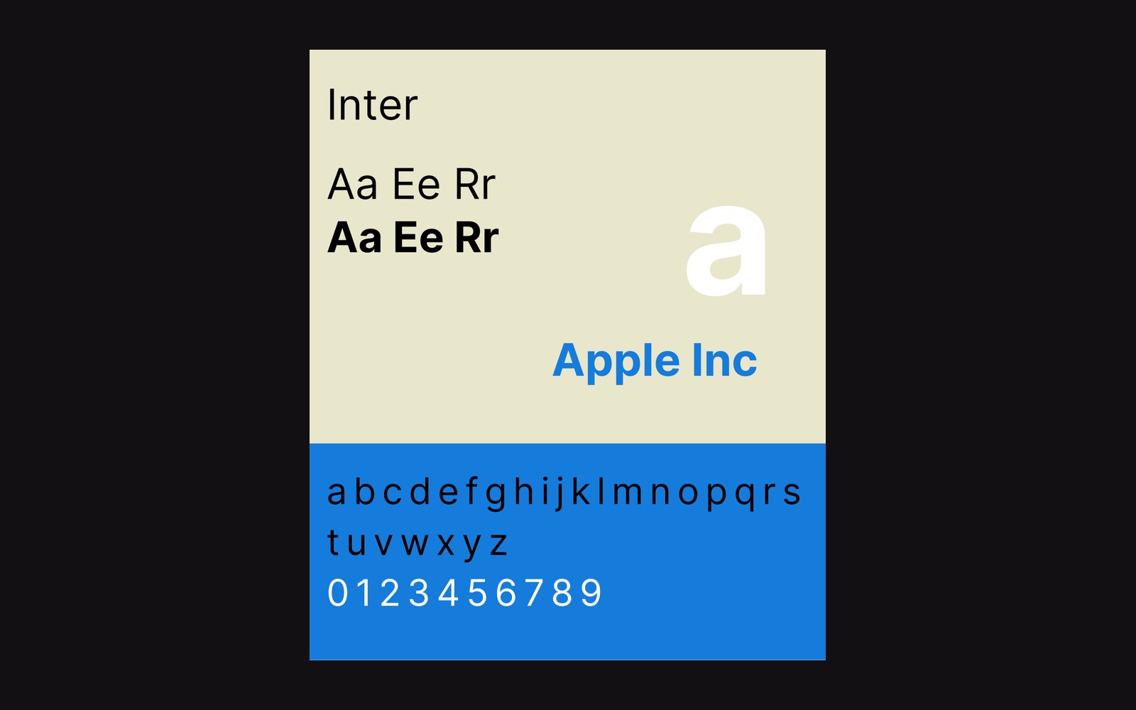 Type specimen showing the Inter typeface with sample letters, numerals, and the Apple Inc wordmark