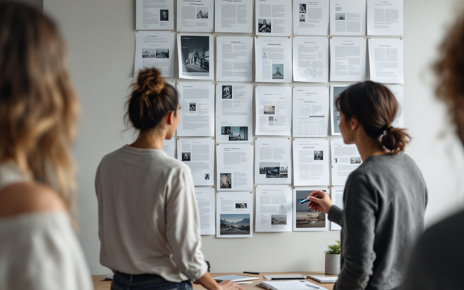 A wall of printed page proofs pinned in a grid, two people in front, one holding a marker