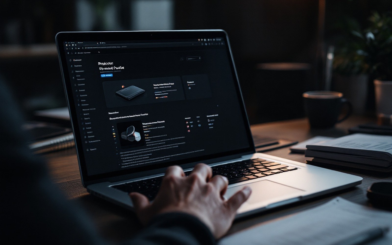 A dark studio, laptop open showing a dense dark product page, hand on the trackpad