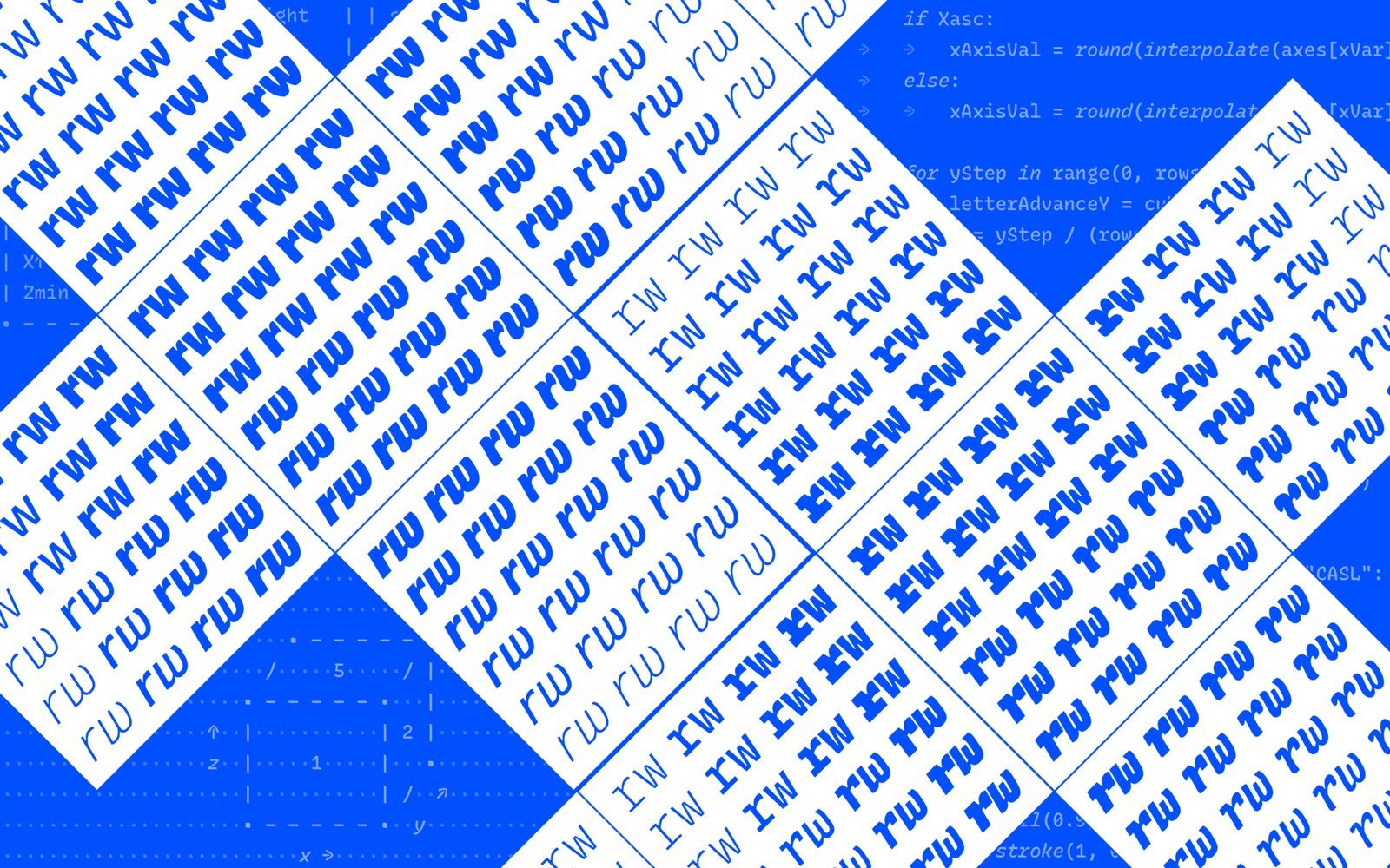 Rotated grids of repeated "rw" letterforms in varying weights against blue diamond shapes with code snippets