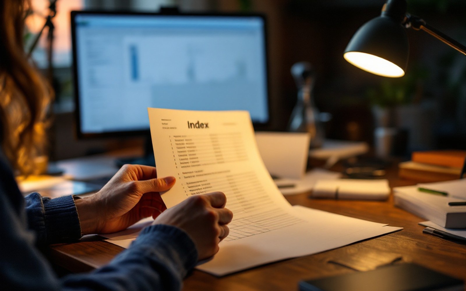 A printed index sheet on a desk under a lamp